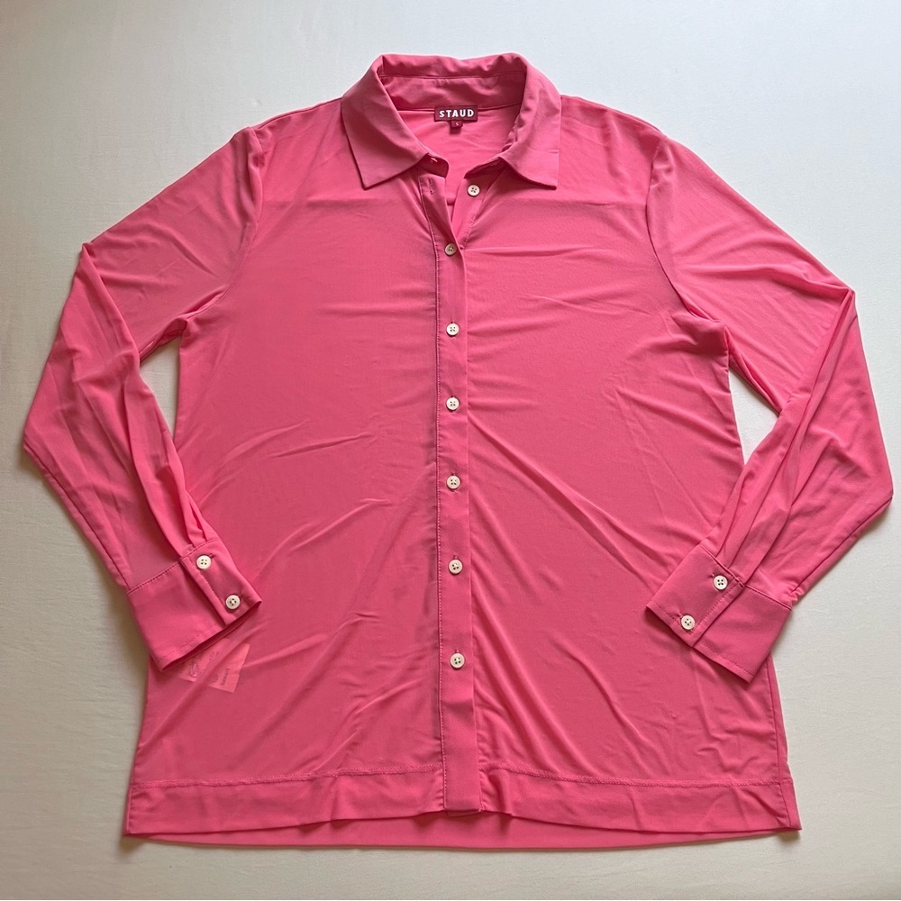 STAUD pink knit‎ semi sheer mesh button up long sleeve shirt